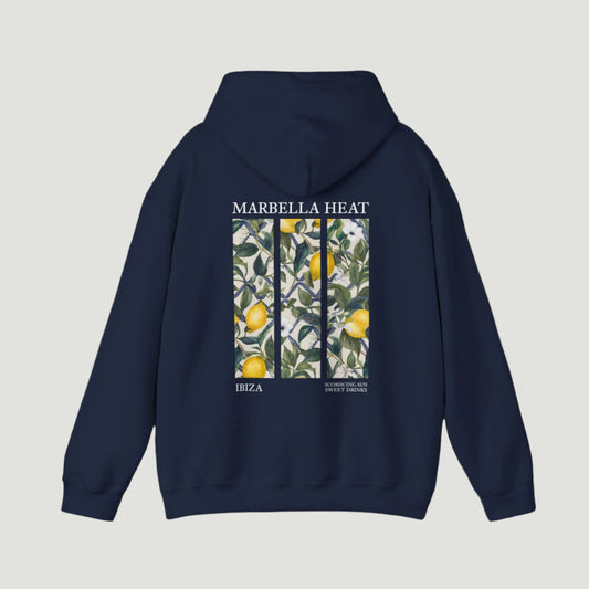 Back view of the Navy Deep Blue Vandox Marbella Heat Hoodie featuring a lemon tree pattern framed in vertical panels, with text referencing Ibiza and Marbella. Starboy old money hoodie sweatshirt clothes vandox sacrevandox vandox clothes vandox clothing crewneck