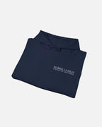 Folded view of the Navy Deep Blue Vandox Marbella Heat Hoodie featuring a lemon tree pattern framed in vertical panels, with text referencing Ibiza and Marbella. Starboy old money hoodie sweatshirt clothes vandox sacrevandox vandox clothes vandox clothing crewneck