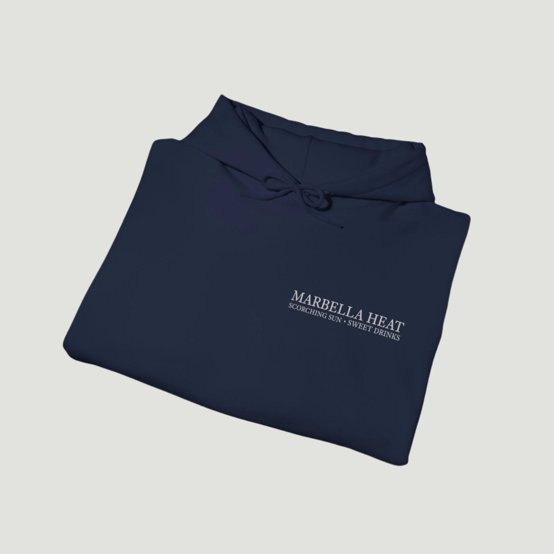 Folded view of the Navy Deep Blue Vandox Marbella Heat Hoodie featuring a lemon tree pattern framed in vertical panels, with text referencing Ibiza and Marbella. Starboy old money hoodie sweatshirt clothes vandox sacrevandox vandox clothes vandox clothing crewneck