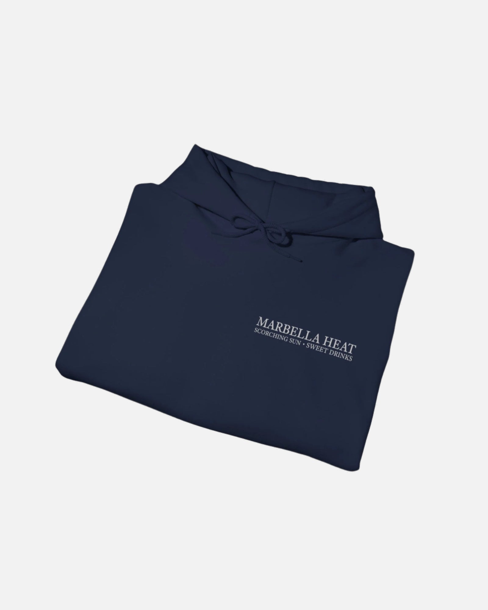 Folded view of the Navy Deep Blue Vandox Marbella Heat Hoodie featuring a lemon tree pattern framed in vertical panels, with text referencing Ibiza and Marbella. Starboy old money hoodie sweatshirt clothes vandox sacrevandox vandox clothes vandox clothing crewneck