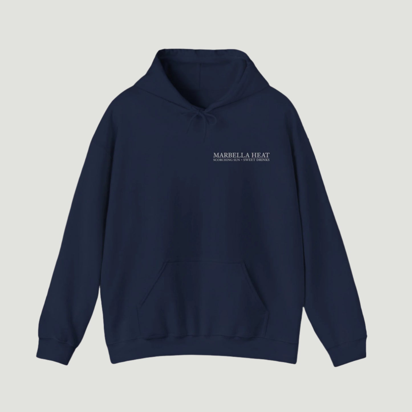 Front view of the Navy Deep Blue Vandox Marbella Heat Hoodie featuring a lemon tree pattern framed in vertical panels, with text referencing Ibiza and Marbella. Starboy old money hoodie sweatshirt clothes vandox sacrevandox vandox clothes vandox clothing crewneck