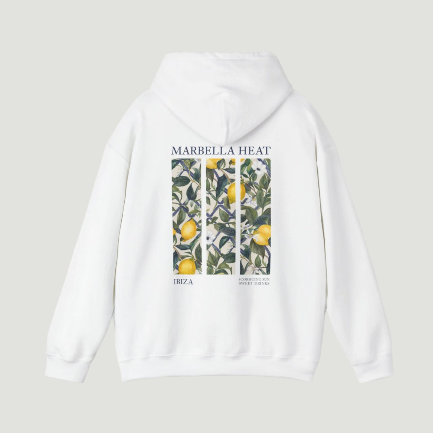 Back view of the Eggshell White Vandox Marbella Heat Hoodie featuring a lemon tree pattern framed in vertical panels, with text referencing Ibiza and Marbella. Starboy old money hoodie sweatshirt clothes vandox sacrevandox vandox clothes vandox clothing crewneck
