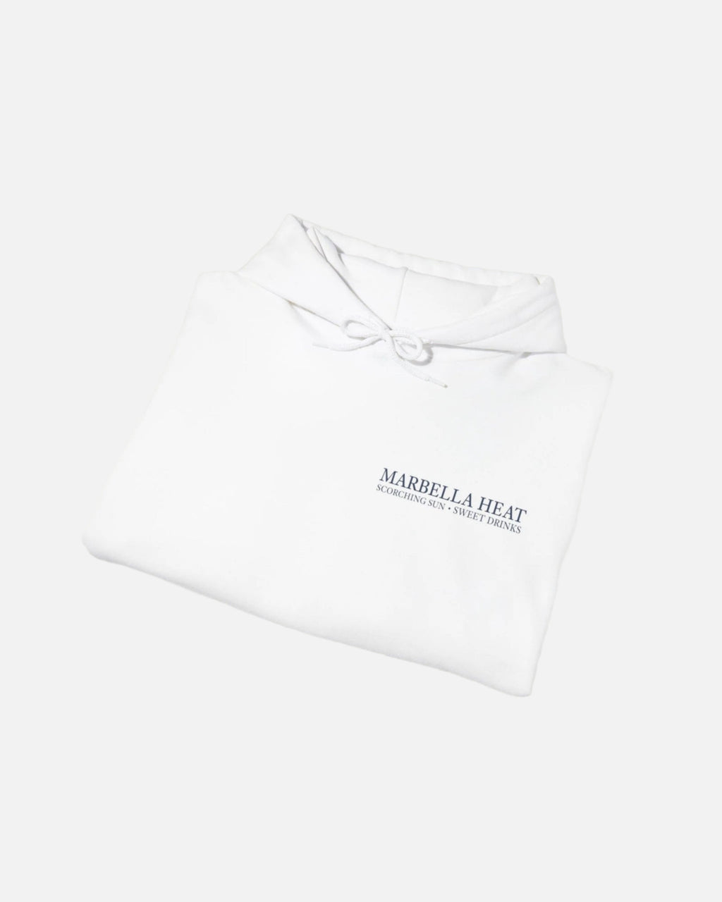 Folded view of the Eggshell White Vandox Marbella Heat Hoodie featuring a lemon tree pattern framed in vertical panels, with text referencing Ibiza and Marbella. Starboy old money hoodie sweatshirt clothes vandox sacrevandox vandox clothes vandox clothing crewneck