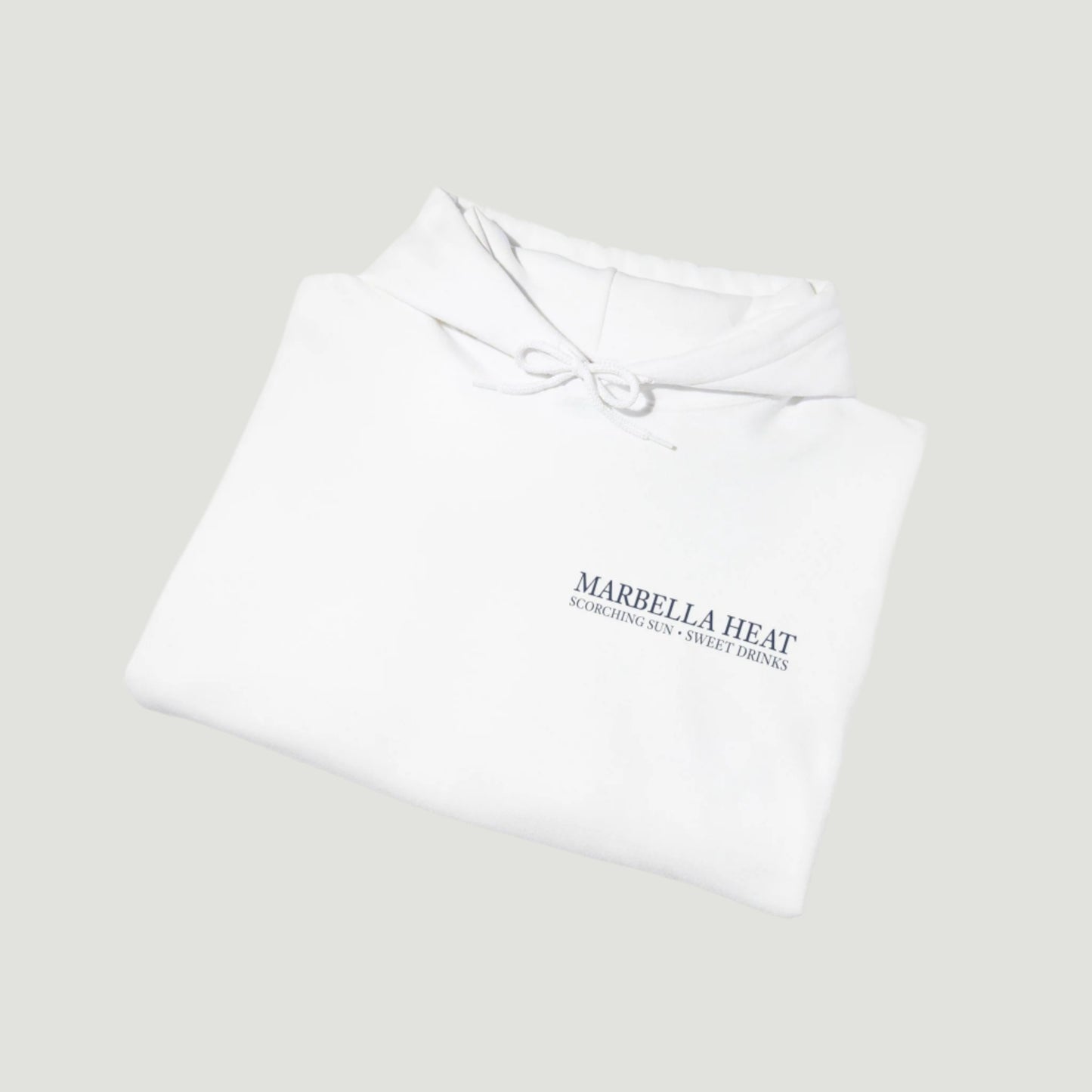 Folded view of the Eggshell White Vandox Marbella Heat Hoodie featuring a lemon tree pattern framed in vertical panels, with text referencing Ibiza and Marbella. Starboy old money hoodie sweatshirt clothes vandox sacrevandox vandox clothes vandox clothing crewneck