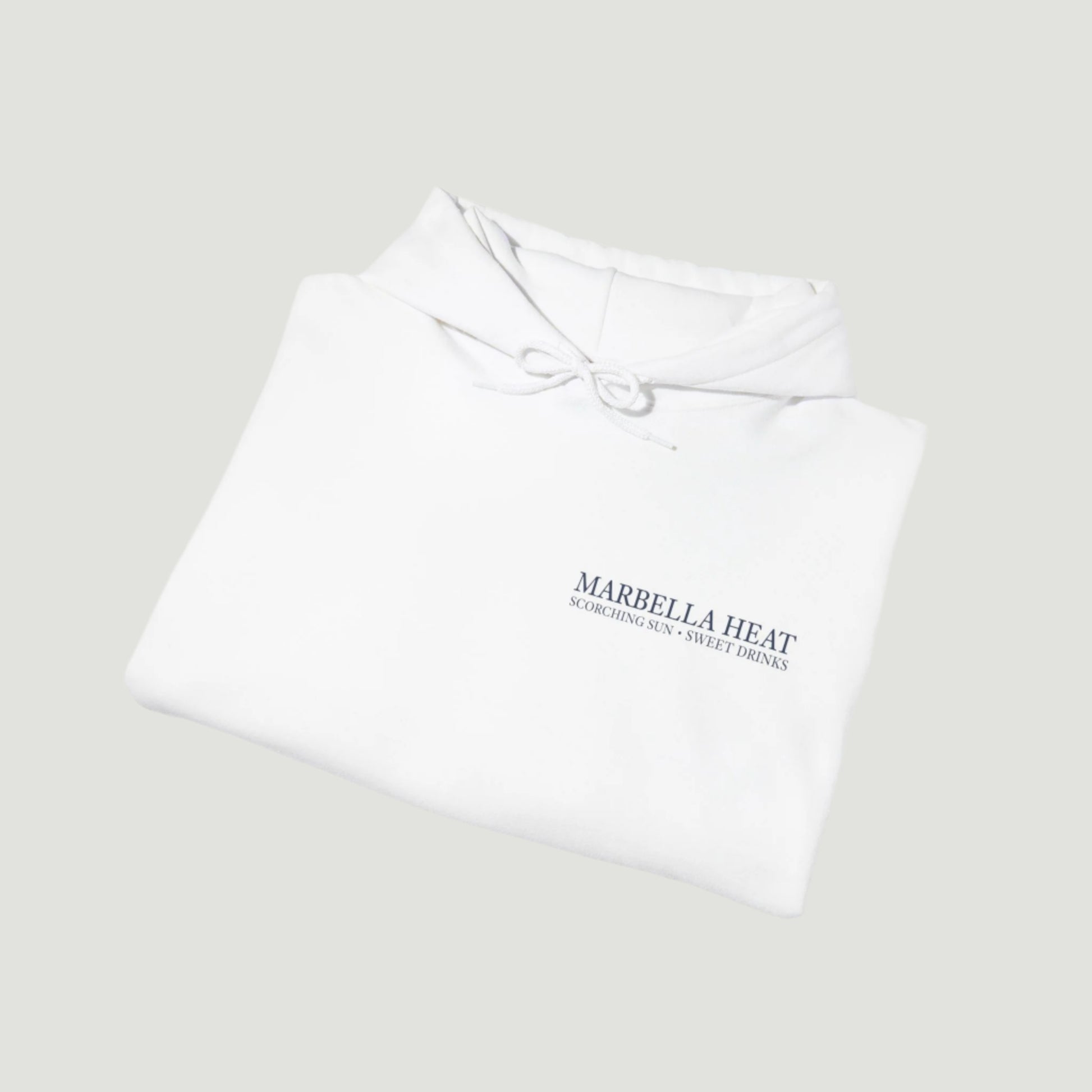Folded view of the Eggshell White Vandox Marbella Heat Hoodie featuring a lemon tree pattern framed in vertical panels, with text referencing Ibiza and Marbella. Starboy old money hoodie sweatshirt clothes vandox sacrevandox vandox clothes vandox clothing crewneck