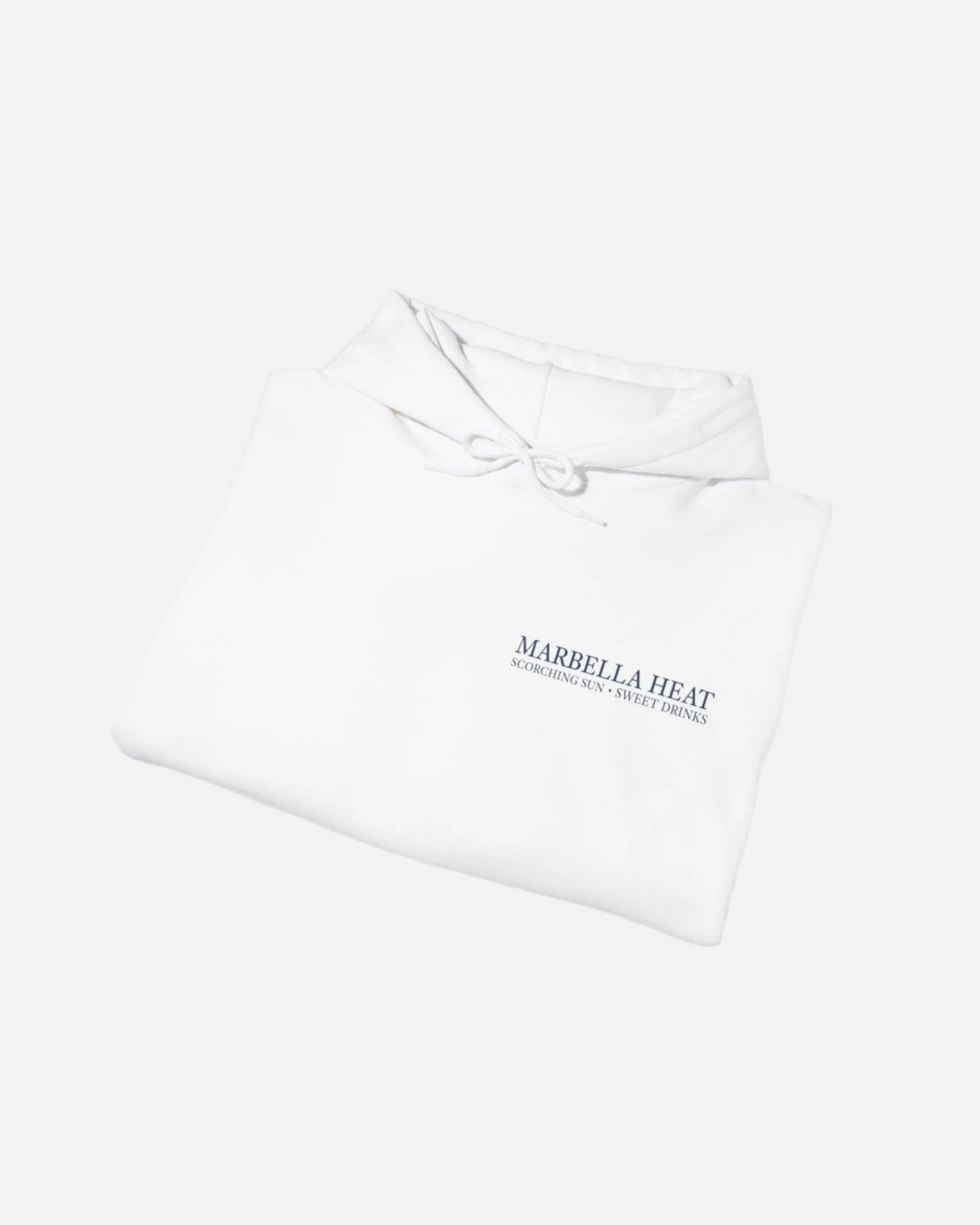 Folded view of the Eggshell White Vandox Marbella Heat Hoodie featuring a lemon tree pattern framed in vertical panels, with text referencing Ibiza and Marbella. Starboy old money hoodie sweatshirt clothes vandox sacrevandox vandox clothes vandox clothing crewneck