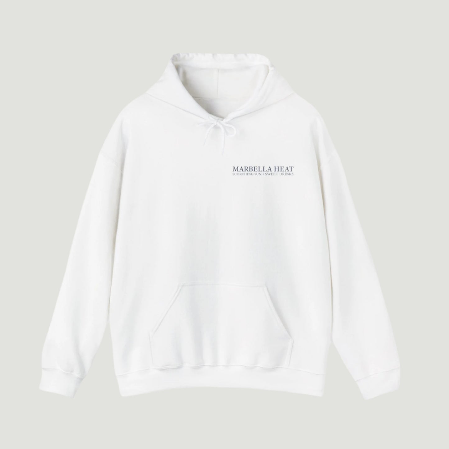 Front view of the Eggshell White Vandox Marbella Heat Hoodie featuring a lemon tree pattern framed in vertical panels, with text referencing Ibiza and Marbella. Starboy old money hoodie sweatshirt clothes vandox sacrevandox vandox clothes vandox clothing crewneck