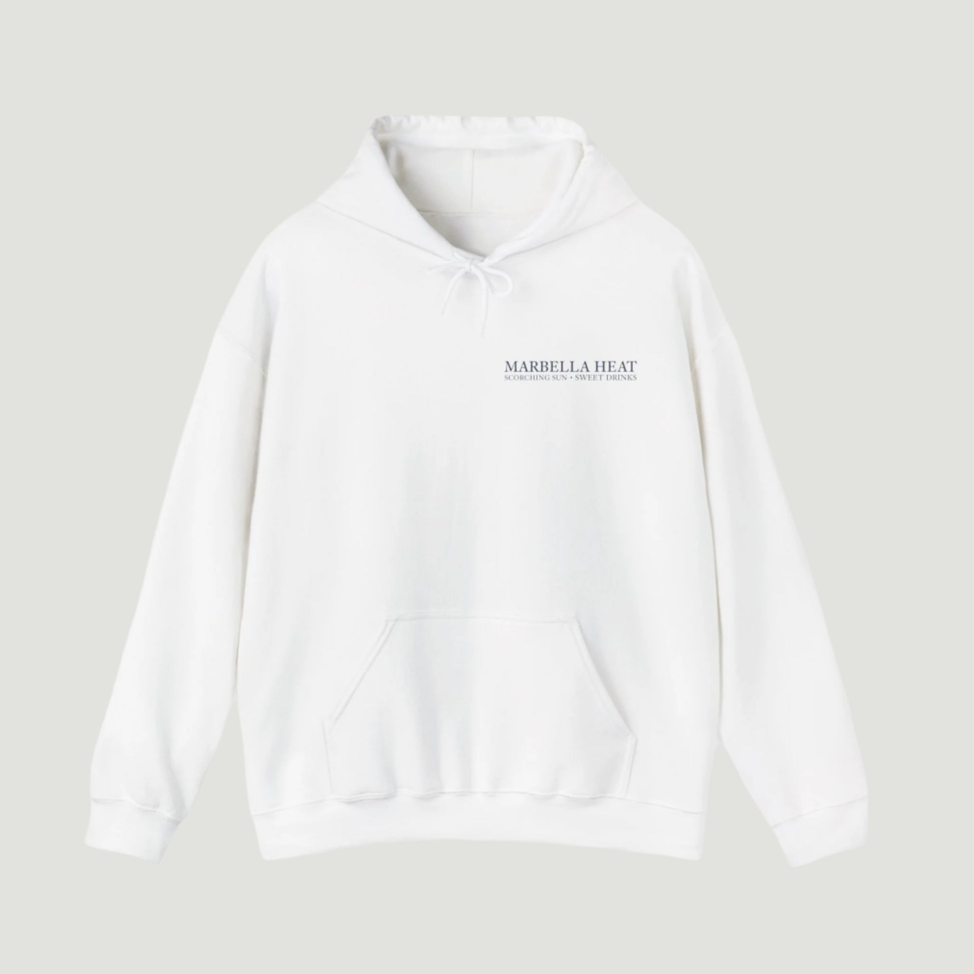 Front view of the Eggshell White Vandox Marbella Heat Hoodie featuring a lemon tree pattern framed in vertical panels, with text referencing Ibiza and Marbella. Starboy old money hoodie sweatshirt clothes vandox sacrevandox vandox clothes vandox clothing crewneck