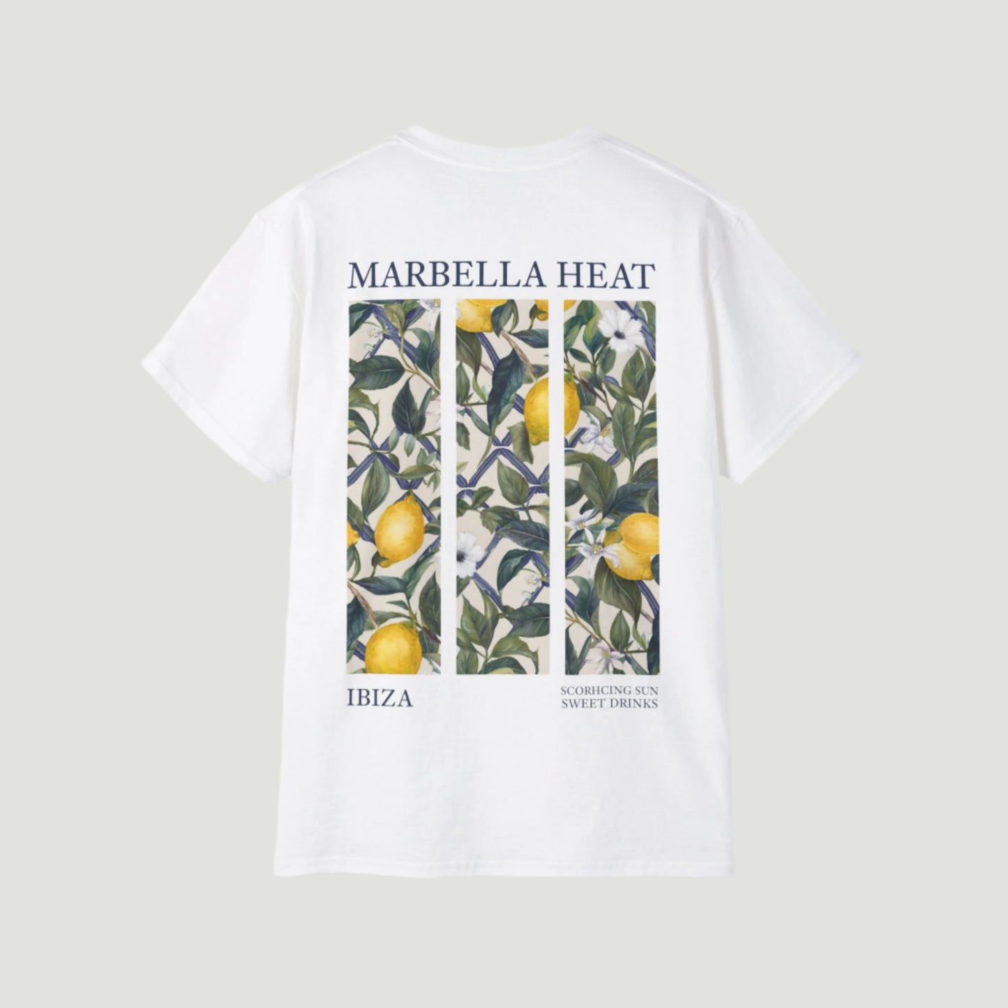 Eggshell White Vandox Marbella Heat T-Shirt with citrus-grove graphic and elegant script, inspired by Costa del Sol luxury. Starboy old money shirt tshirt clothes vandox sacrevandox vandox clothes vandox clothing