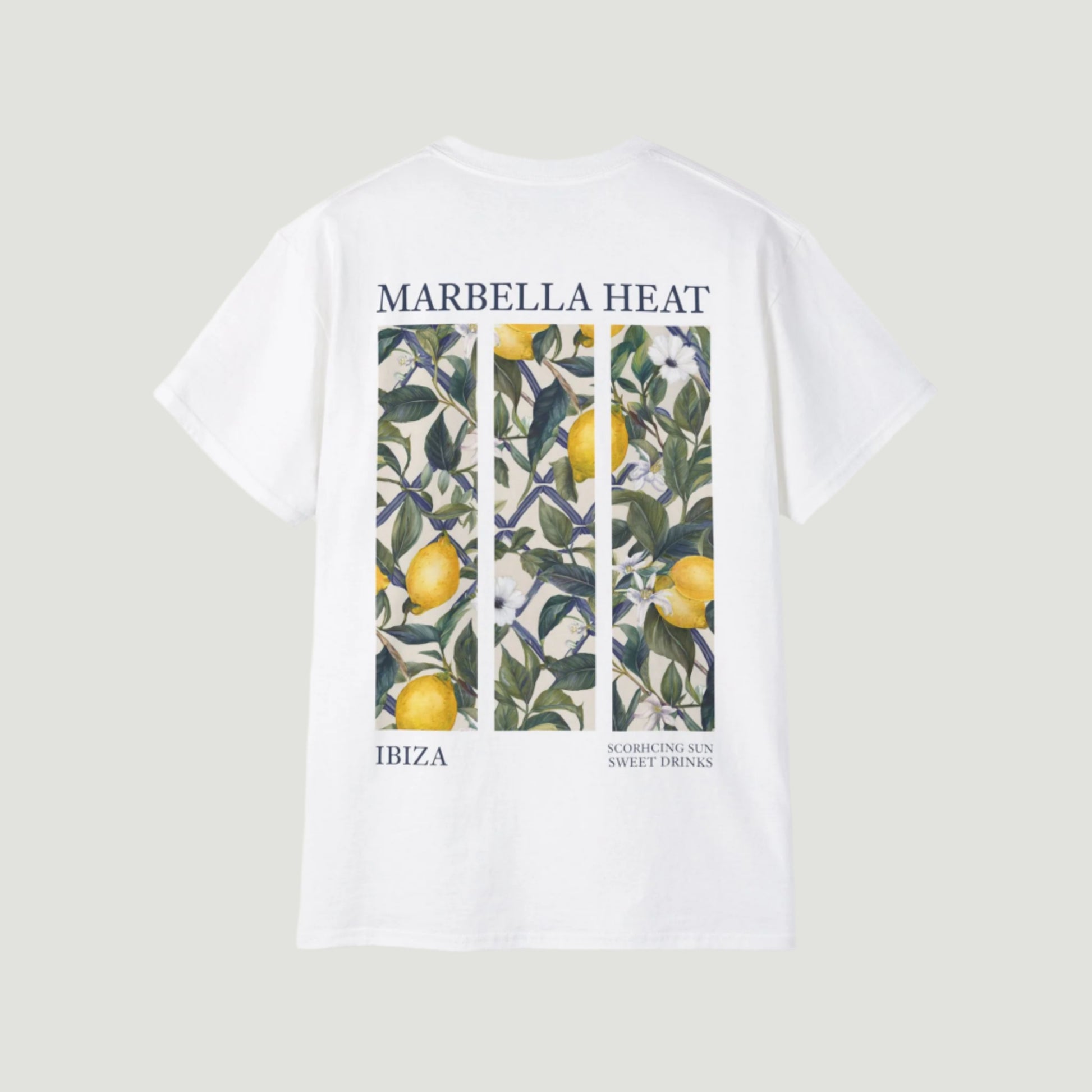 Eggshell White Vandox Marbella Heat T-Shirt with citrus-grove graphic and elegant script, inspired by Costa del Sol luxury. Starboy old money shirt tshirt clothes vandox sacrevandox vandox clothes vandox clothing