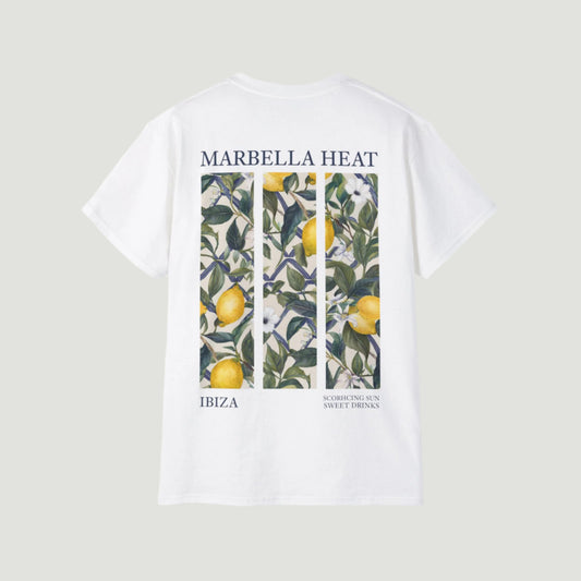 Eggshell White Vandox Marbella Heat T-Shirt with citrus-grove graphic and elegant script, inspired by Costa del Sol luxury. Starboy old money shirt tshirt clothes vandox sacrevandox vandox clothes vandox clothing