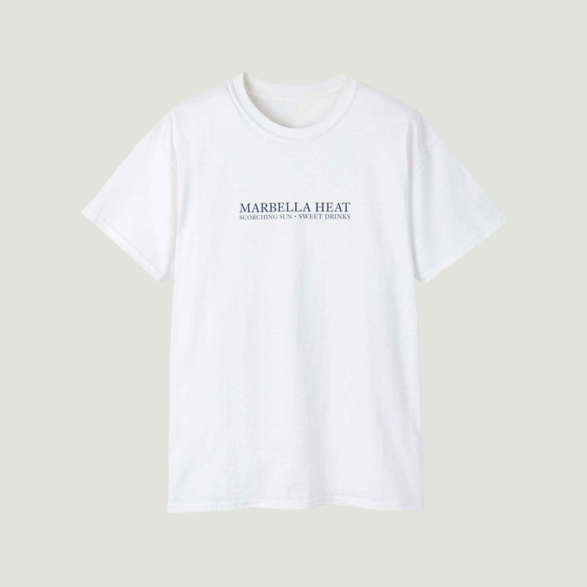 Eggshell White Vandox Marbella Heat T-Shirt with citrus-grove graphic and elegant script, inspired by Costa del Sol luxury. Starboy old money shirt tshirt clothes vandox sacrevandox vandox clothes vandox clothing