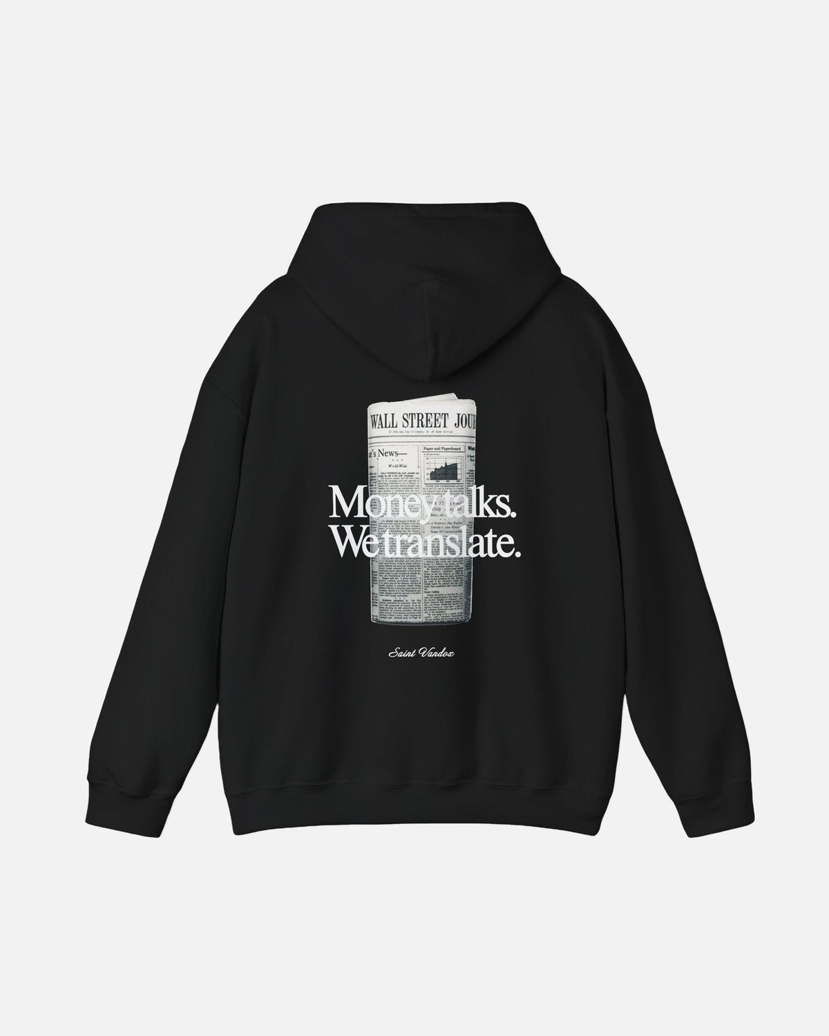 Black Vandox Money Talks hoodie back view with Wall Street Journal newspaper graphic and Money talks We translate Saint Vandox text. Starboy old money hoodie sweatshirt clothes vandox sacrevandox vandox clothes vandox clothing