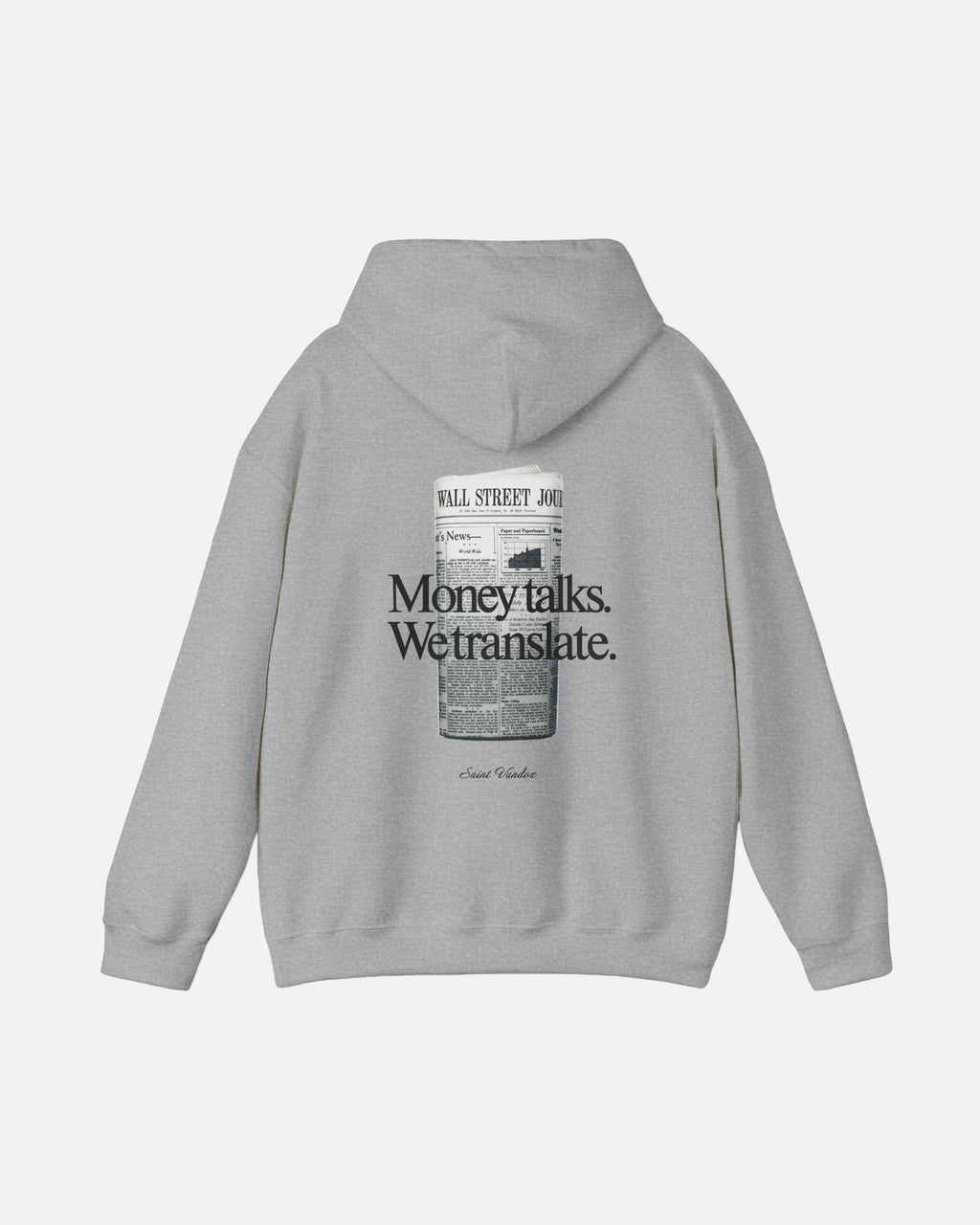 Sport Grey Ash grey heather gray Vandox Money Talks hoodie back view with Wall Street Journal newspaper graphic and Money talks We translate Saint Vandox text. Starboy old money hoodie sweatshirt clothes vandox sacrevandox vandox clothes vandox clothing