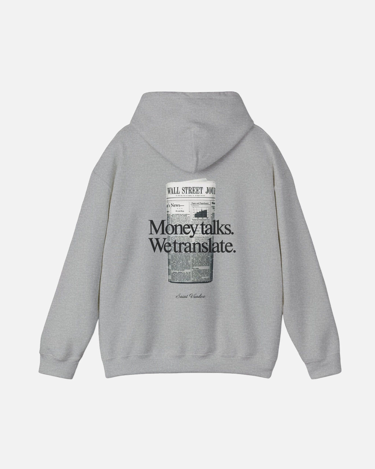 Sport Grey Ash grey heather gray Vandox Money Talks hoodie back view with Wall Street Journal newspaper graphic and Money talks We translate Saint Vandox text. Starboy old money hoodie sweatshirt clothes vandox sacrevandox vandox clothes vandox clothing