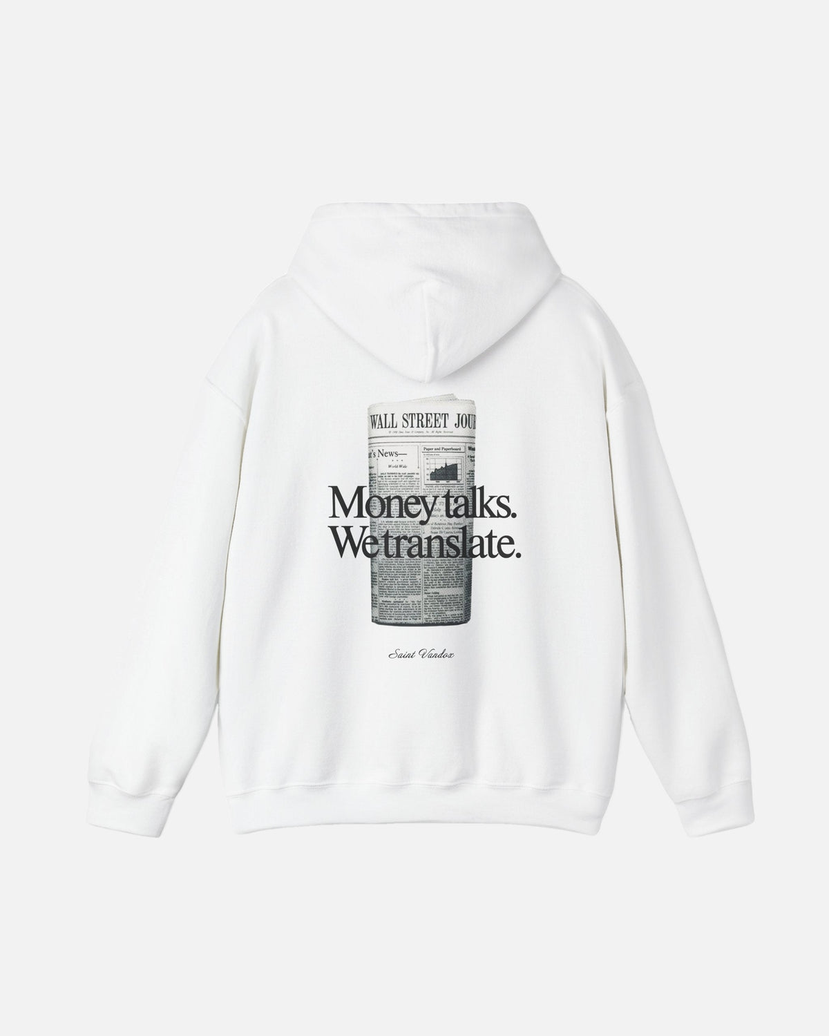 White offwhite eggshell white Vandox Money Talks hoodie back view with Wall Street Journal newspaper graphic and Money talks We translate Saint Vandox text. Starboy old money hoodie sweatshirt clothes vandox sacrevandox vandox clothes vandox clothing
