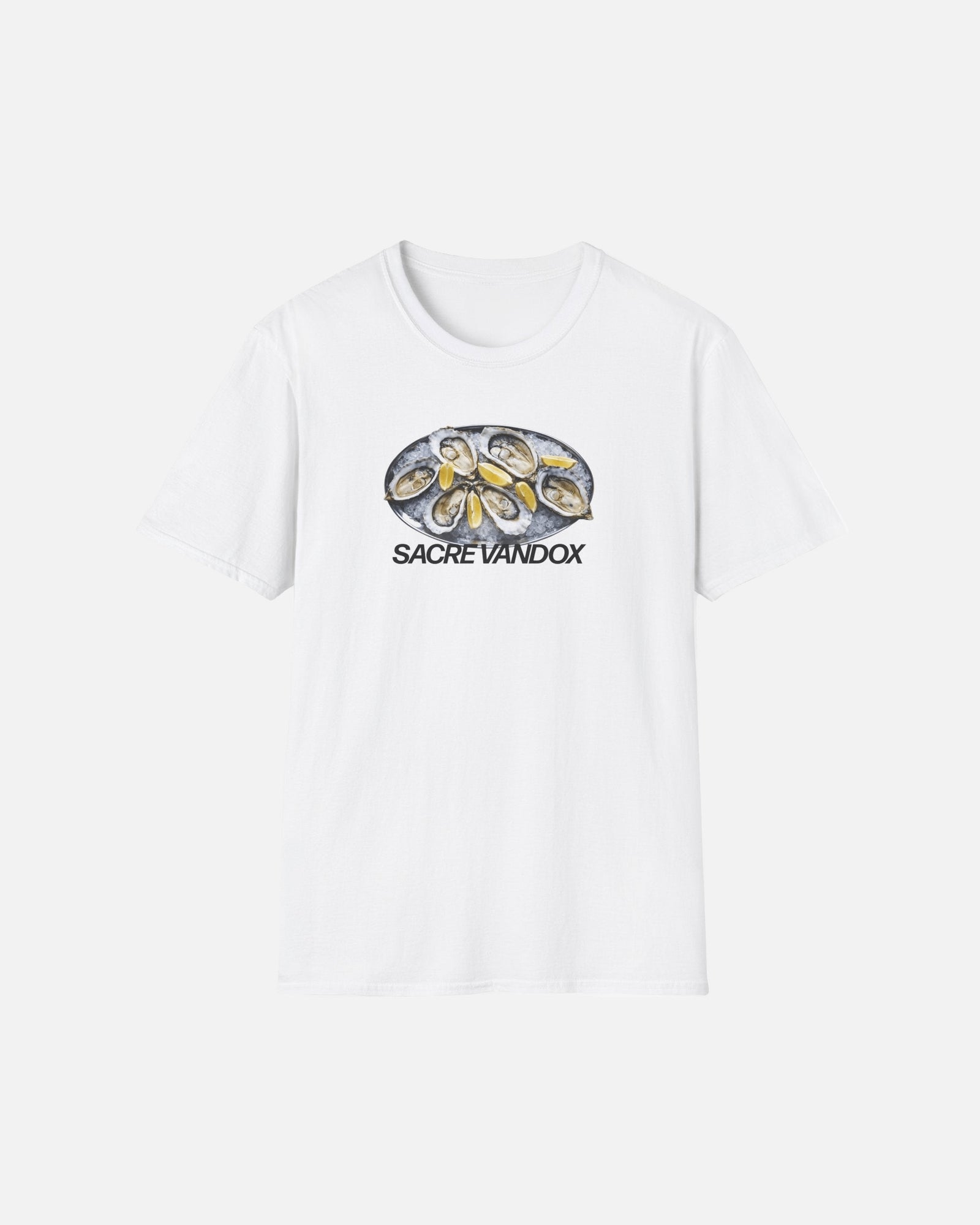 Vandox Oyster Bar Tee - white premium cotton t-shirt featuring oysters on ice graphic print with Sacre Vandox lettering, Frutta d'Estate summer collection.
Starboy old money shirt tshirt clothes vandox sacrevandox vandox clothes vandox clothing