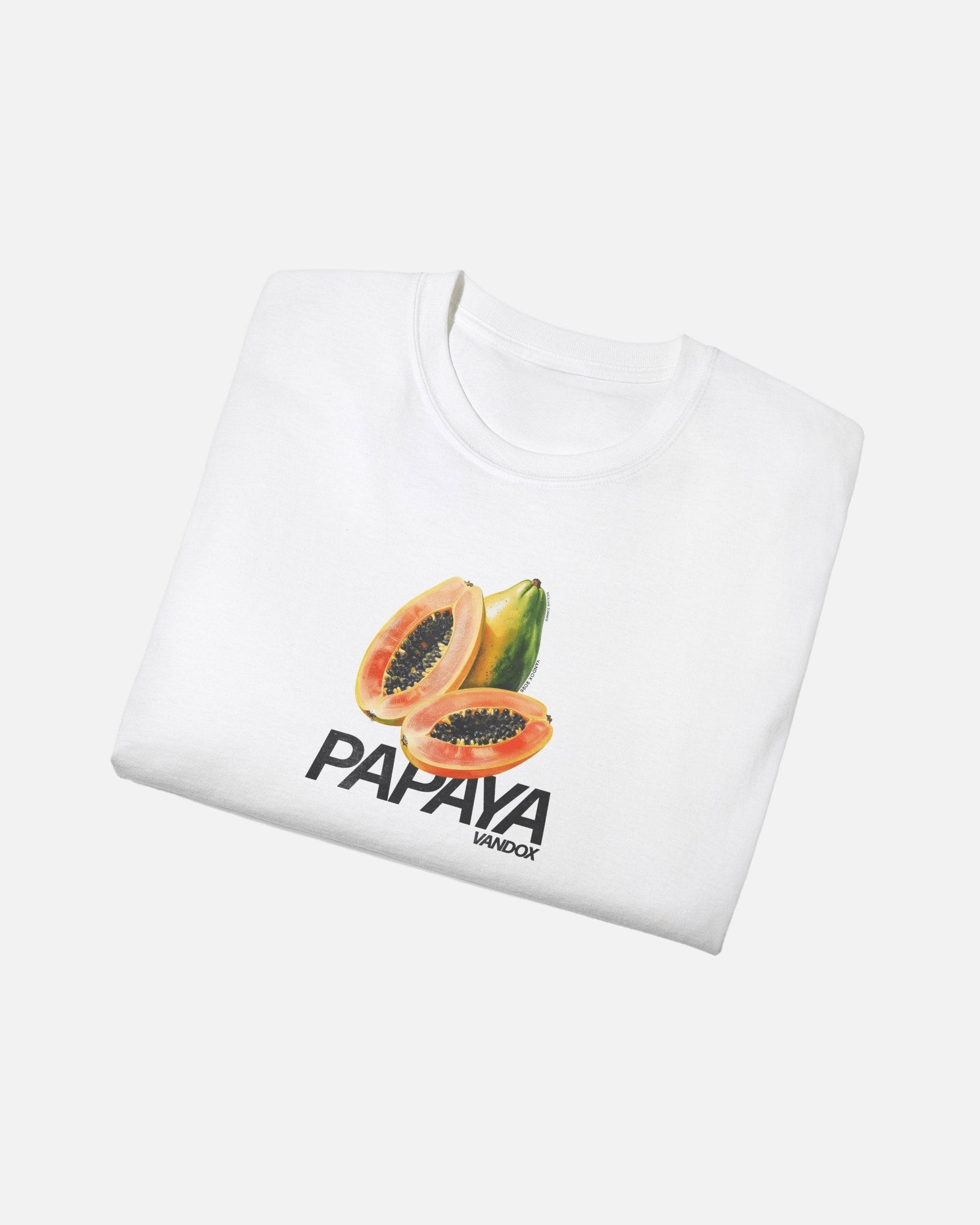 Vandox Papaya Tee - folded view of white premium cotton t-shirt featuring bold papaya graphic print from the Frutta d'Estate summer collection by Vandox.
Starboy old money shirt tshirt clothes vandox sacrevandox vandox clothes vandox clothing