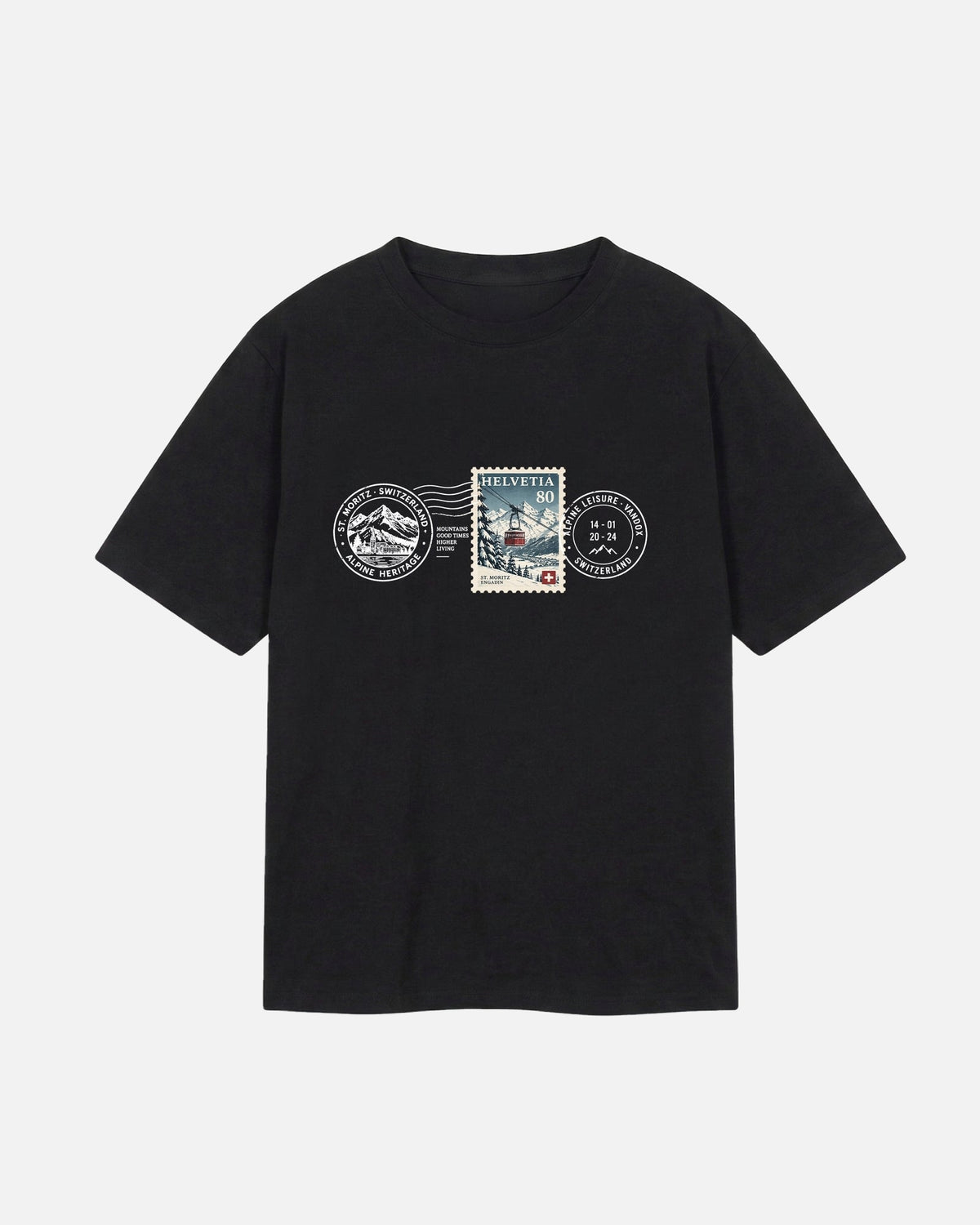 Black Vandox Post Stamp t-shirt with vintage Helvetia 80 postal stamp St. Moritz Engadin scene and Alpine Heritage Alpine Leisure Vandox postmark chest graphic. Starboy old money shirt tshirt clothes vandox sacrevandox vandox clothes vandox clothing