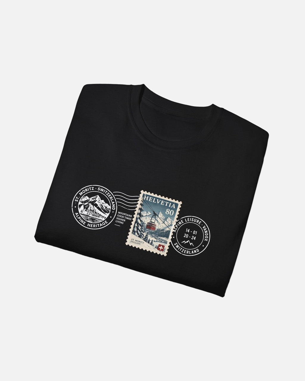 folded view of Black Vandox Post Stamp t-shirt with vintage Helvetia 80 postal stamp St. Moritz Engadin scene and Alpine Heritage Alpine Leisure Vandox postmark chest graphic. Starboy old money shirt tshirt clothes vandox sacrevandox vandox clothes vandox clothing