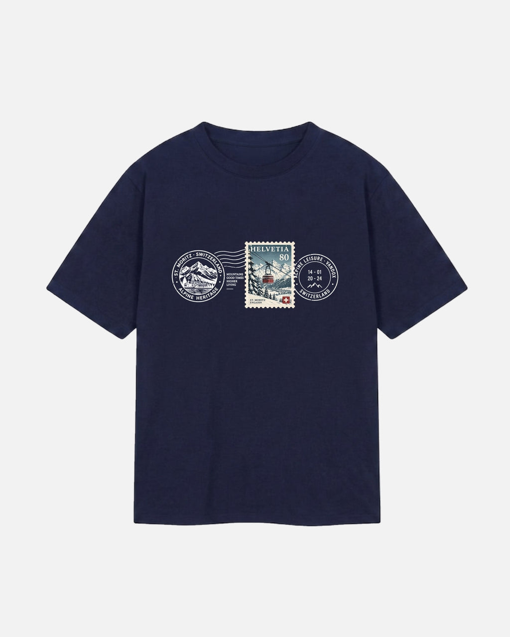Navy Dark blue deep blue Vandox Post Stamp t-shirt with vintage Helvetia 80 postal stamp St. Moritz Engadin scene and Alpine Heritage Alpine Leisure Vandox postmark chest graphic. Starboy old money shirt tshirt clothes vandox sacrevandox vandox clothes vandox clothing