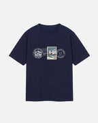 Navy Dark blue deep blue Vandox Post Stamp t-shirt with vintage Helvetia 80 postal stamp St. Moritz Engadin scene and Alpine Heritage Alpine Leisure Vandox postmark chest graphic. Starboy old money shirt tshirt clothes vandox sacrevandox vandox clothes vandox clothing