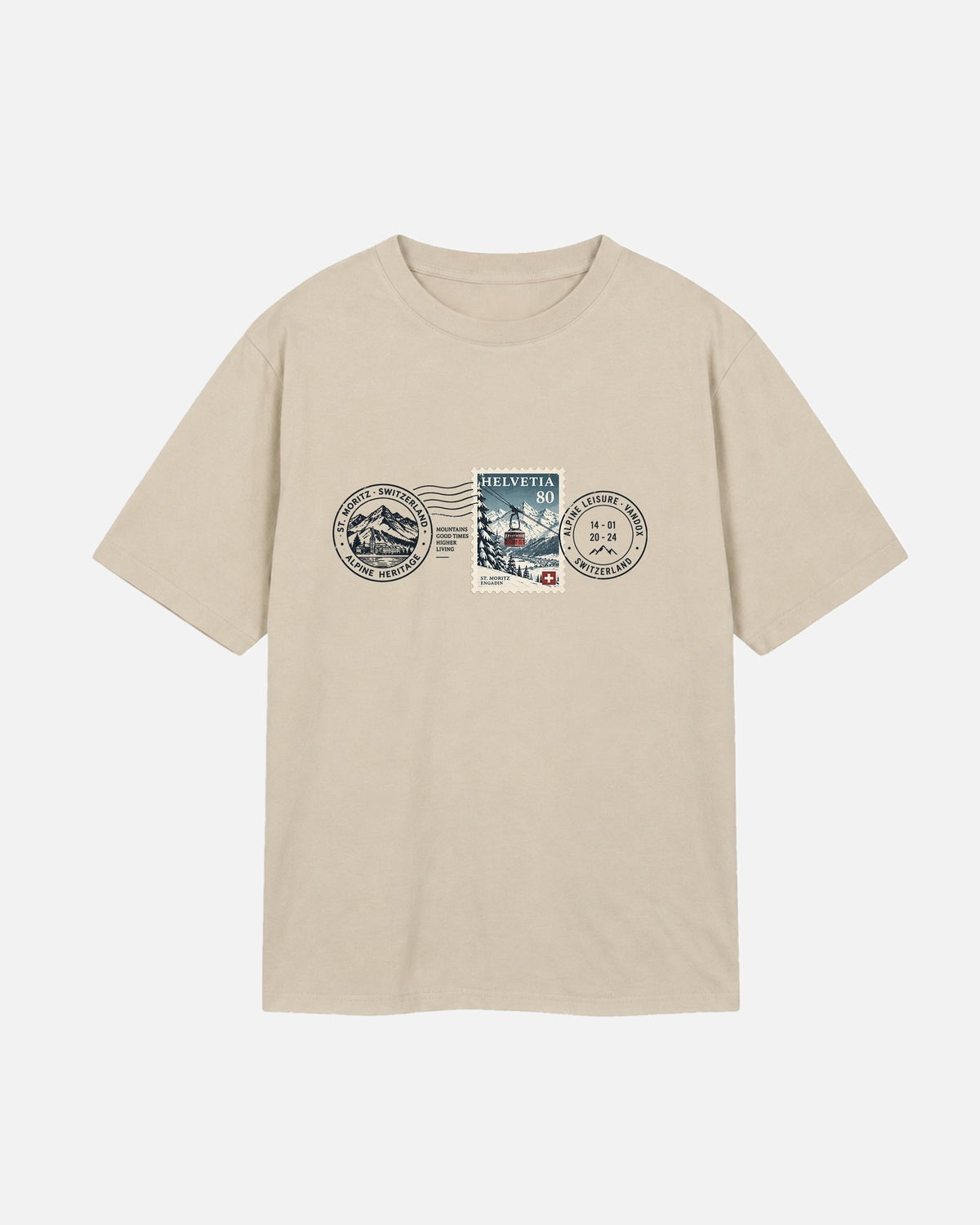 Sand Cream Beige Vandox Post Stamp t-shirt with vintage Helvetia 80 postal stamp St. Moritz Engadin scene and Alpine Heritage Alpine Leisure Vandox postmark chest graphic. Starboy old money shirt tshirt clothes vandox sacrevandox vandox clothes vandox clothing