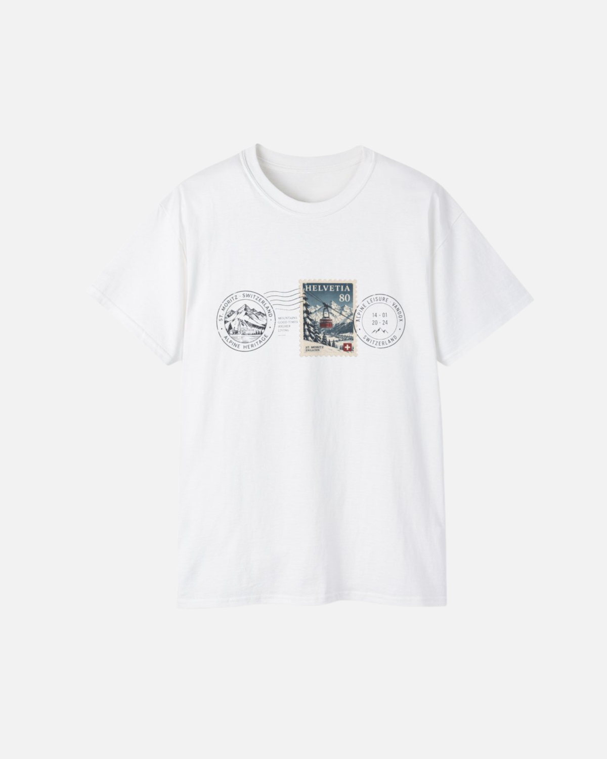 White eggshell white offwhite Vandox Post Stamp t-shirt with vintage Helvetia 80 postal stamp St. Moritz Engadin scene and Alpine Heritage Alpine Leisure Vandox postmark chest graphic. Starboy old money shirt tshirt clothes vandox sacrevandox vandox clothes vandox clothing