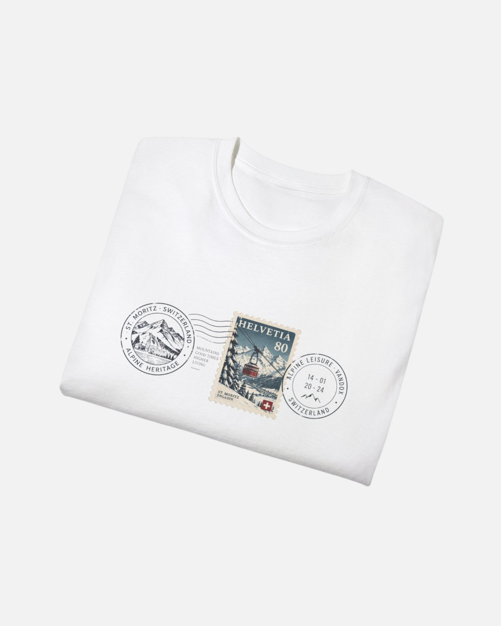 folded view of White eggshell white offwhite Vandox Post Stamp t-shirt with vintage Helvetia 80 postal stamp St. Moritz Engadin scene and Alpine Heritage Alpine Leisure Vandox postmark chest graphic. Starboy old money shirt tshirt clothes vandox sacrevandox vandox clothes vandox clothing