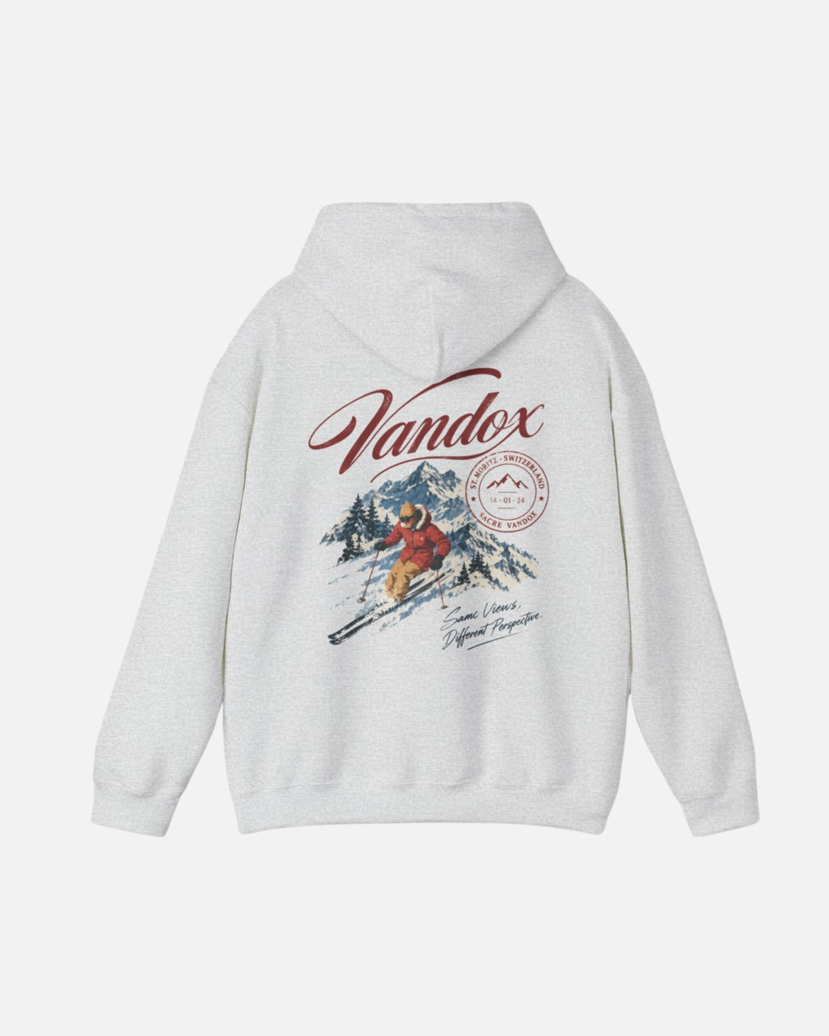 Ash Sport Heather Gray Vandox Powder Day hoodie back view with Vandox script alpine ski scene St. Moritz Switzerland stamp and Same Views Different Perspective graphic. Starboy old money hoodie sweatshirt clothes vandox sacrevandox vandox clothes vandox clothing