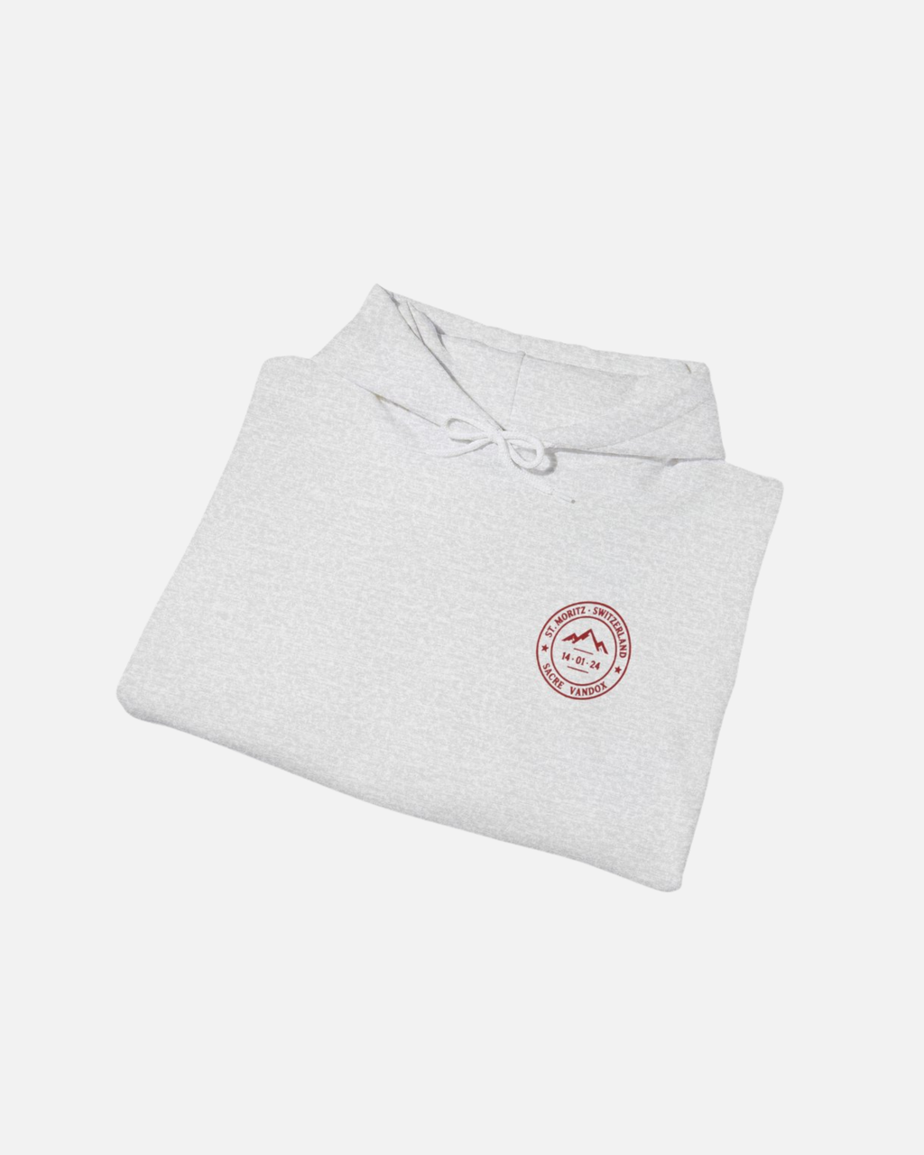 Ash Sport Heather Grey Vandox Powder Day hoodie front folded view with red St. Moritz Switzerland circular stamp and Sacre Vandox chest graphic. Starboy old money hoodie sweatshirt clothes vandox sacrevandox vandox clothes vandox clothing