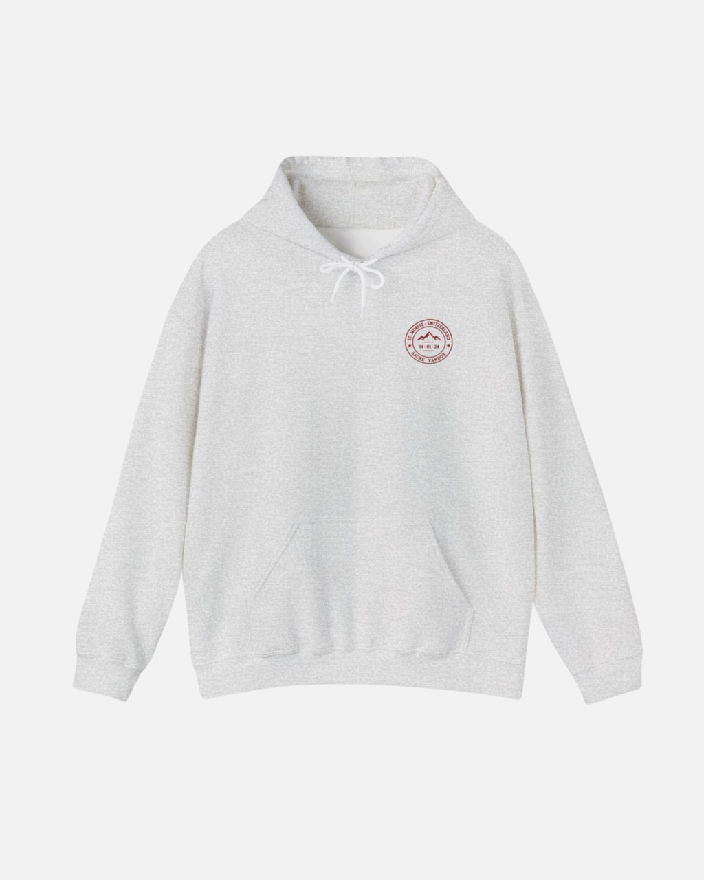 Ash Sport Heather Gray Vandox Powder Day hoodie front view with red St. Moritz Switzerland circular stamp and Sacre Vandox chest graphic. Starboy old money hoodie sweatshirt clothes vandox sacrevandox vandox clothes vandox clothing