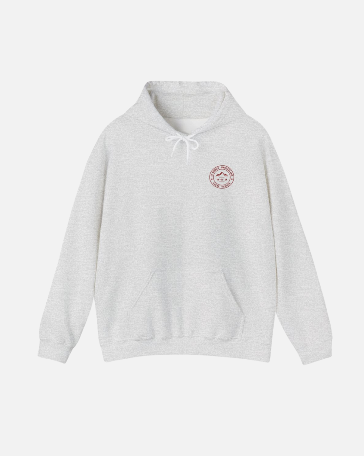 Ash Sport Heather Gray Vandox Powder Day hoodie front view with red St. Moritz Switzerland circular stamp and Sacre Vandox chest graphic. Starboy old money hoodie sweatshirt clothes vandox sacrevandox vandox clothes vandox clothing