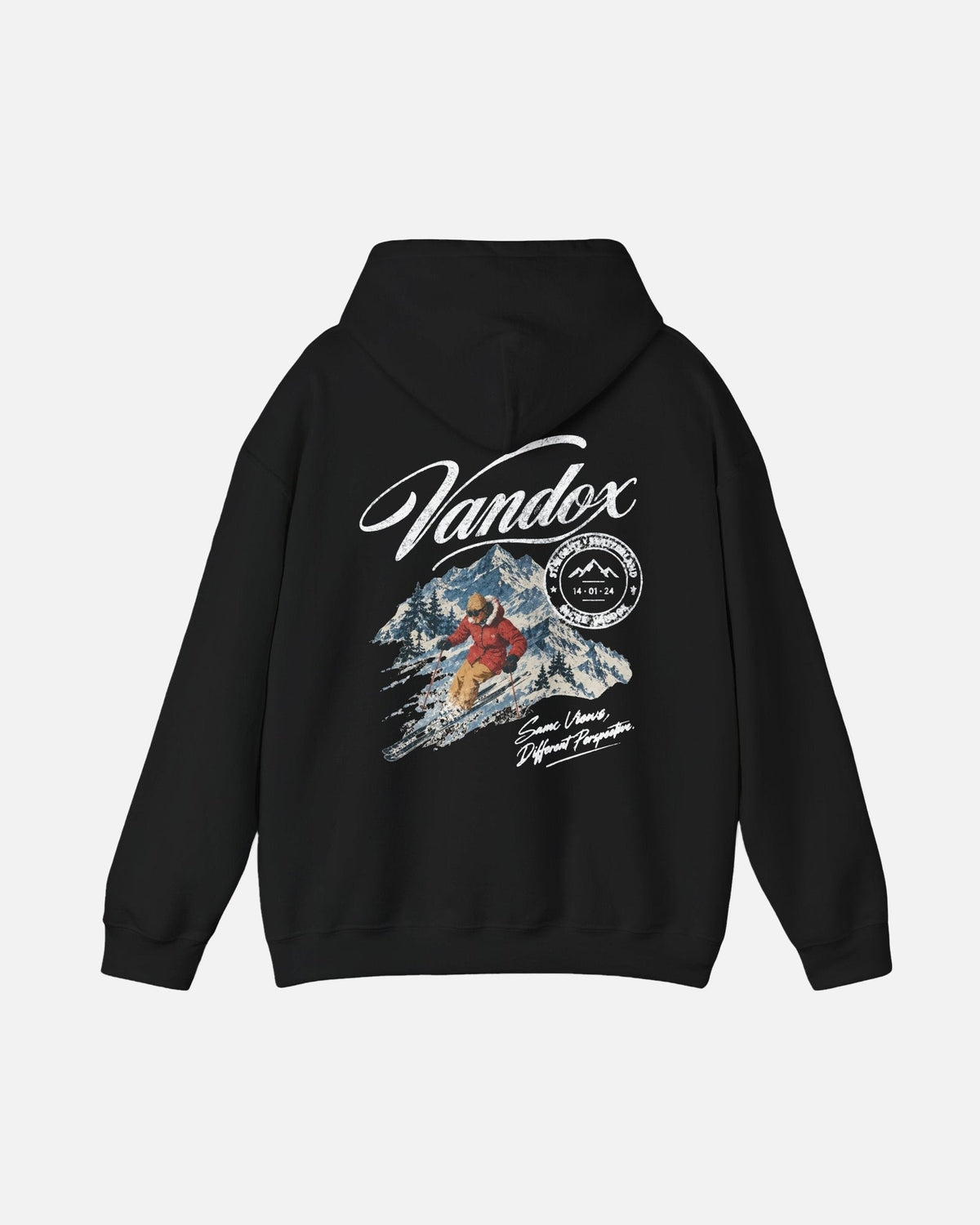 Black Vandox Powder Day hoodie back view with Vandox script alpine ski scene St. Moritz Switzerland stamp and Same Views Different Perspective graphic. Starboy old money hoodie sweatshirt clothes vandox sacrevandox vandox clothes vandox clothing