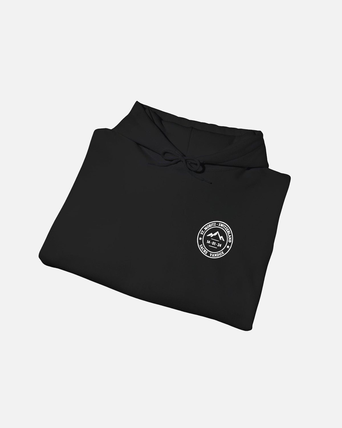 Black Vandox Powder Day hoodie front folded view with red St. Moritz Switzerland circular stamp and Sacre Vandox chest graphic. Starboy old money hoodie sweatshirt clothes vandox sacrevandox vandox clothes vandox clothing