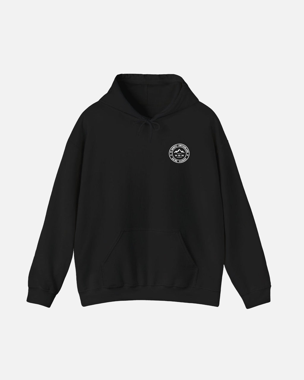 Black Vandox Powder Day hoodie front view with red St. Moritz Switzerland circular stamp and Sacre Vandox chest graphic. Starboy old money hoodie sweatshirt clothes vandox sacrevandox vandox clothes vandox clothing