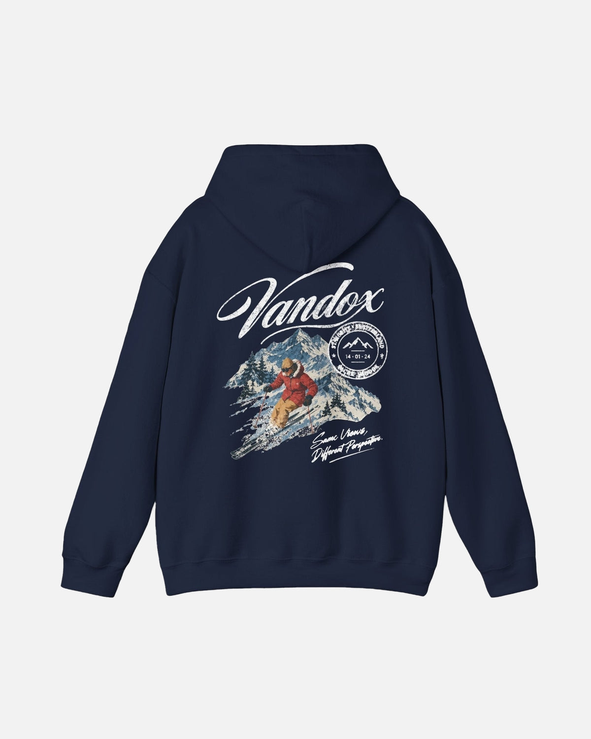 Navy Dark Blue Vandox Powder Day hoodie back view with Vandox script alpine ski scene St. Moritz Switzerland stamp and Same Views Different Perspective graphic. Starboy old money hoodie sweatshirt clothes vandox sacrevandox vandox clothes vandox clothing