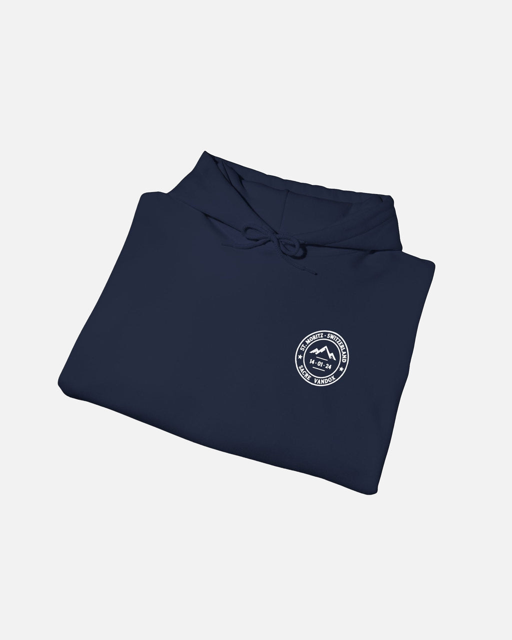 Navy Dark blue Vandox Powder Day hoodie front folded view with red St. Moritz Switzerland circular stamp and Sacre Vandox chest graphic. Starboy old money hoodie sweatshirt clothes vandox sacrevandox vandox clothes vandox clothing