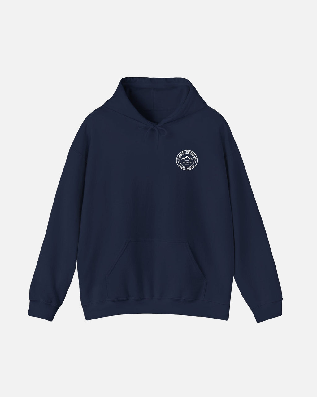Navy Dark Blue Vandox Powder Day hoodie front view with red St. Moritz Switzerland circular stamp and Sacre Vandox chest graphic. Starboy old money hoodie sweatshirt clothes vandox sacrevandox vandox clothes vandox clothing