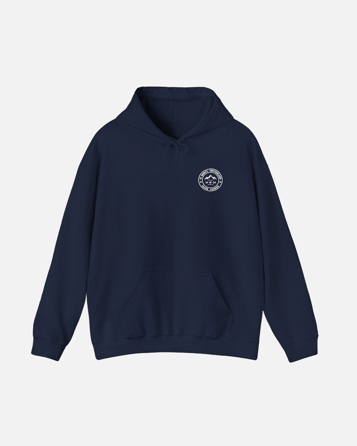 Navy Dark Blue Vandox Powder Day hoodie front view with red St. Moritz Switzerland circular stamp and Sacre Vandox chest graphic. Starboy old money hoodie sweatshirt clothes vandox sacrevandox vandox clothes vandox clothing