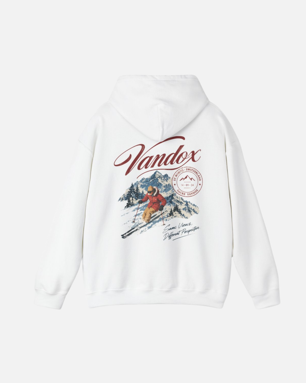 Eggshell White Vandox Powder Day hoodie back view with Vandox script alpine ski scene St. Moritz Switzerland stamp and Same Views Different Perspective graphic. Starboy old money hoodie sweatshirt clothes vandox sacrevandox vandox clothes vandox clothing