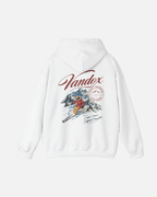 Eggshell White Vandox Powder Day hoodie back view with Vandox script alpine ski scene St. Moritz Switzerland stamp and Same Views Different Perspective graphic. Starboy old money hoodie sweatshirt clothes vandox sacrevandox vandox clothes vandox clothing