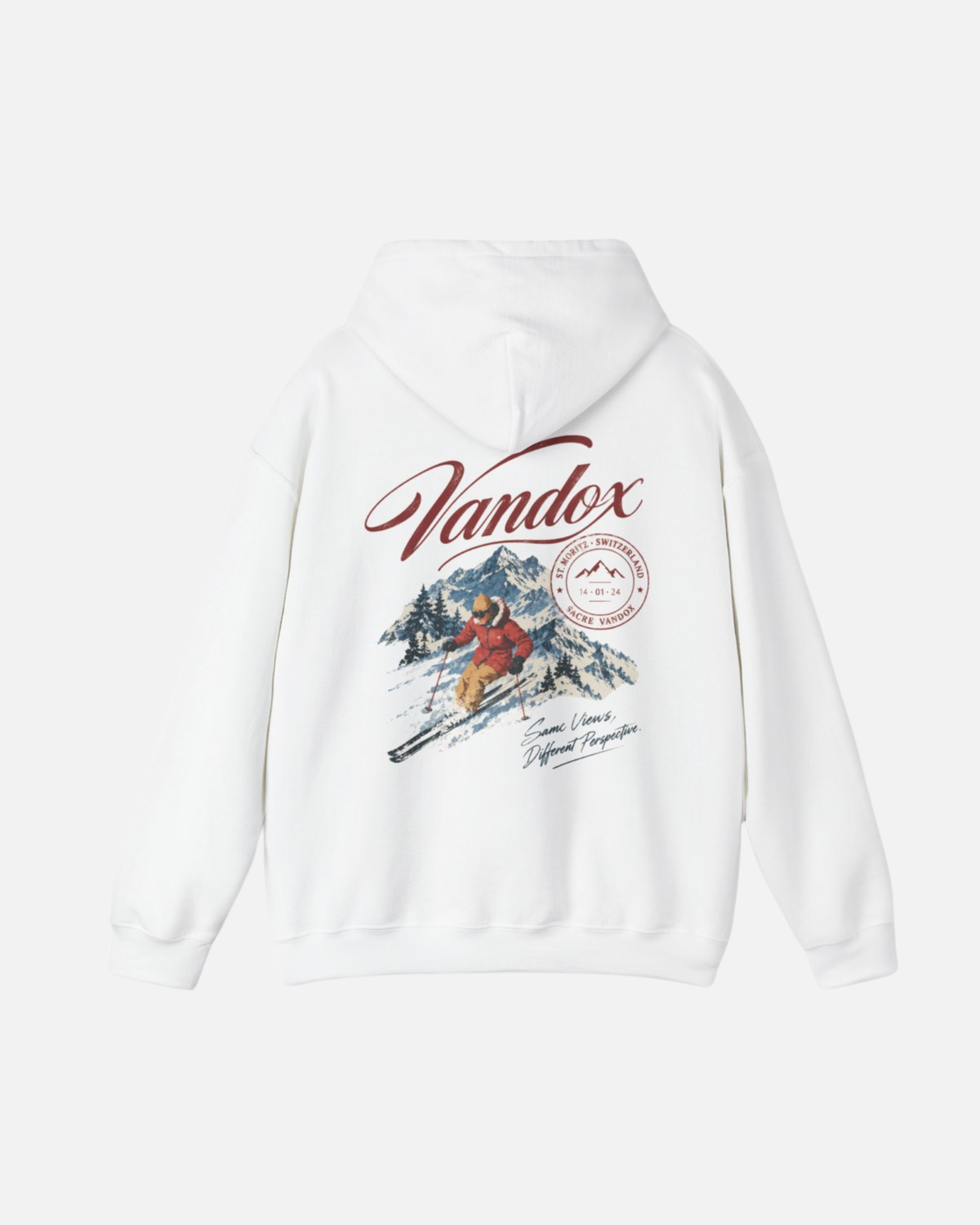 Eggshell White Vandox Powder Day hoodie back view with Vandox script alpine ski scene St. Moritz Switzerland stamp and Same Views Different Perspective graphic. Starboy old money hoodie sweatshirt clothes vandox sacrevandox vandox clothes vandox clothing
