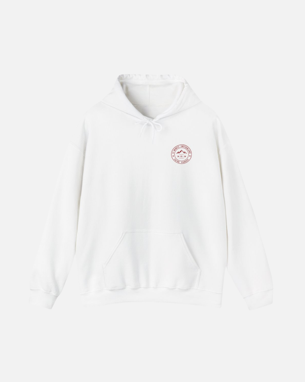 Eggshell White Vandox Powder Day hoodie front view with red St. Moritz Switzerland circular stamp and Sacre Vandox chest graphic. Starboy old money hoodie sweatshirt clothes vandox sacrevandox vandox clothes vandox clothing