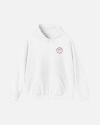 Eggshell White Vandox Powder Day hoodie front view with red St. Moritz Switzerland circular stamp and Sacre Vandox chest graphic. Starboy old money hoodie sweatshirt clothes vandox sacrevandox vandox clothes vandox clothing