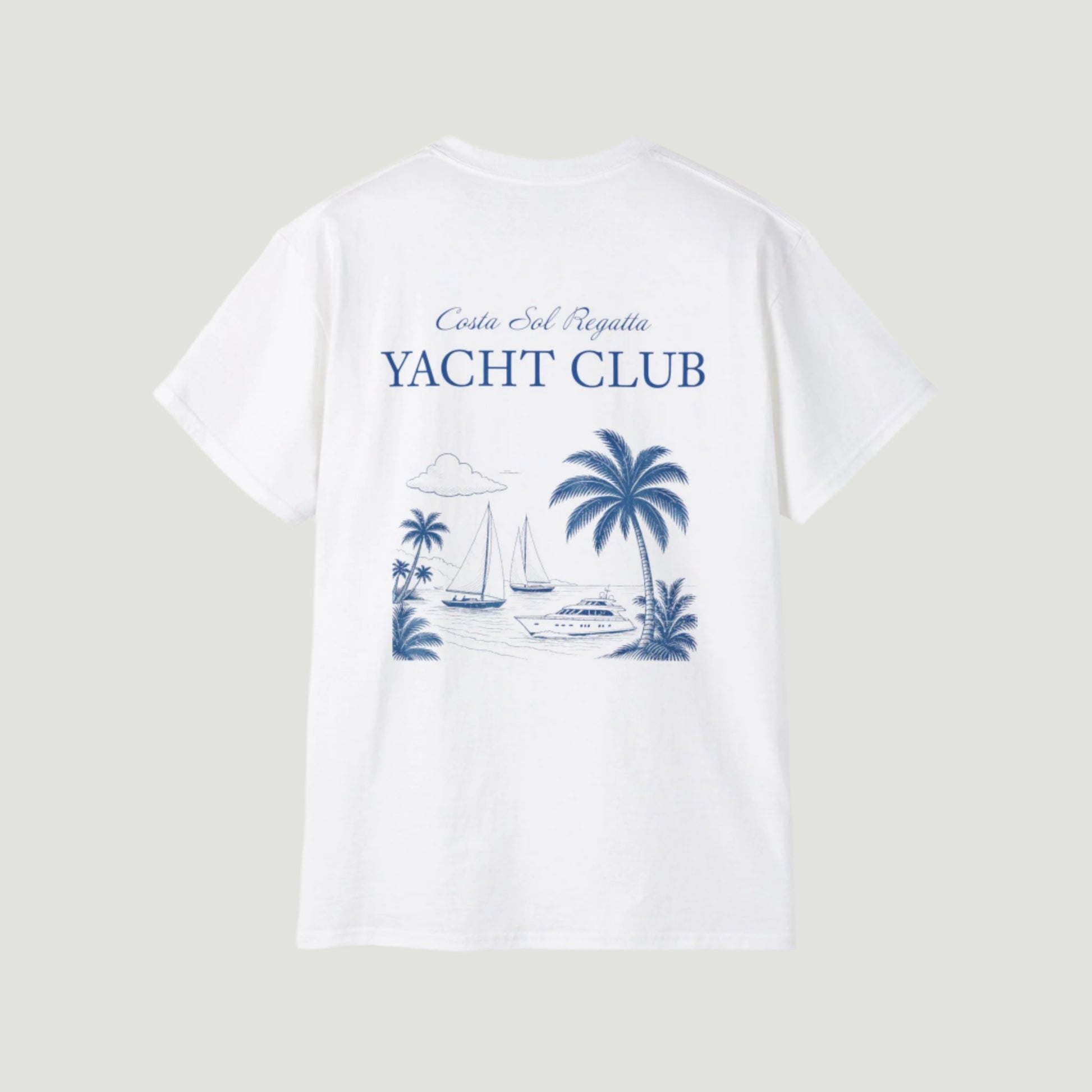 Vandox Eggshell White Riviera Regatta T-Shirt with yacht-club chest print and Costa del Sol back graphic of yachts and palm trees. Starboy old money shirt tshirt clothes vandox sacrevandox vandox clothes vandox clothing
