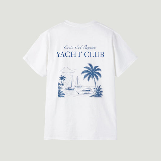 Vandox Eggshell White Riviera Regatta T-Shirt with yacht-club chest print and Costa del Sol back graphic of yachts and palm trees. Starboy old money shirt tshirt clothes vandox sacrevandox vandox clothes vandox clothing
