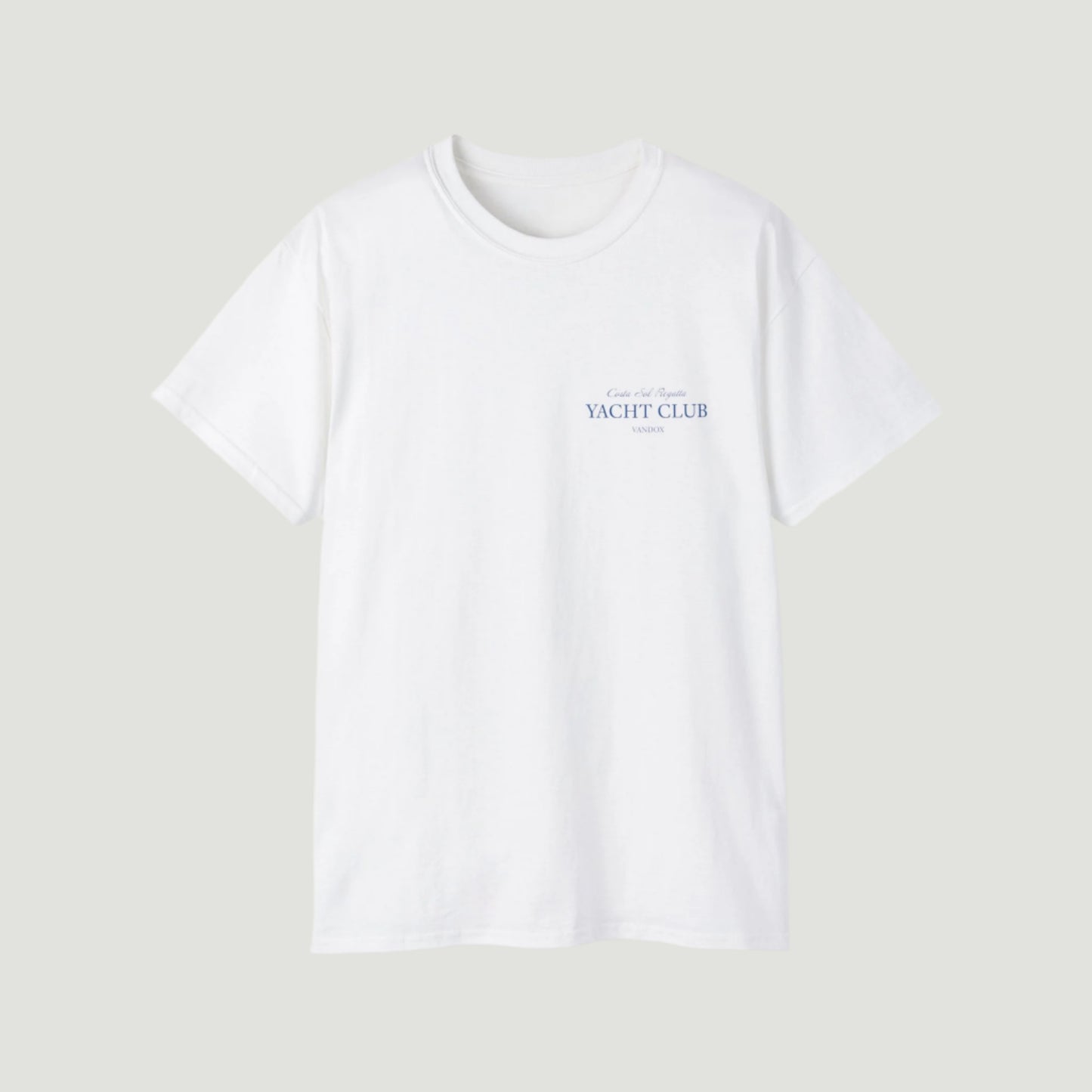 Vandox Eggshell White Riviera Regatta T-Shirt with yacht-club chest print and Costa del Sol back graphic of yachts and palm trees. Starboy old money shirt tshirt clothes vandox sacrevandox vandox clothes vandox clothing