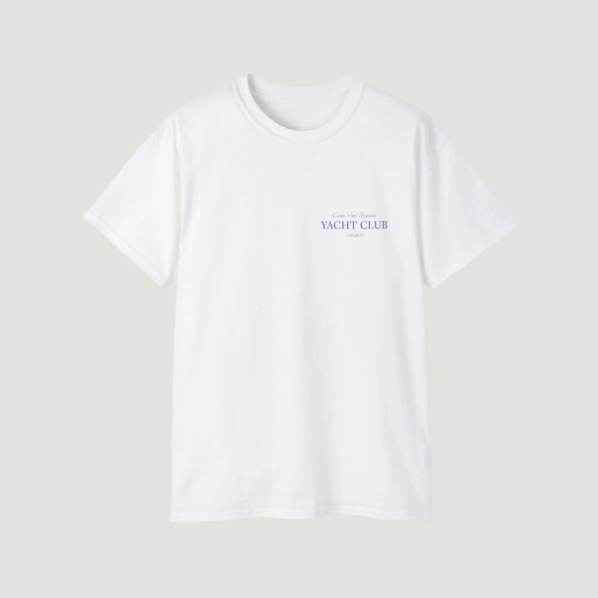 Vandox Eggshell White Riviera Regatta T-Shirt with yacht-club chest print and Costa del Sol back graphic of yachts and palm trees. Starboy old money shirt tshirt clothes vandox sacrevandox vandox clothes vandox clothing