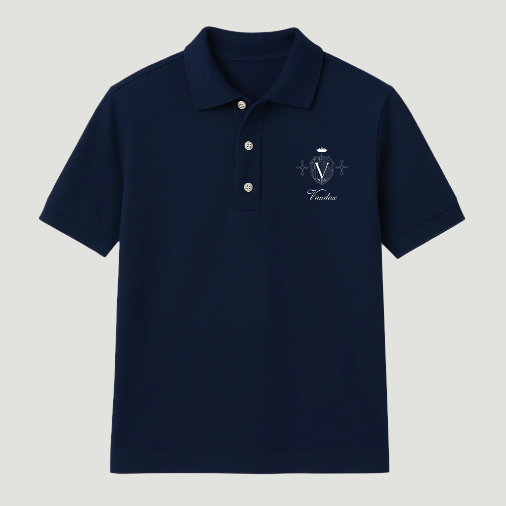Deep Blue Navy Vandox Saint Louis Country Polo featuring royal crest embroidery with crown and monogram V, combining classic sophistication and quiet luxury. Starboy old money polo shirt clothes vandox sacrevandox vandox clothes vandox clothing